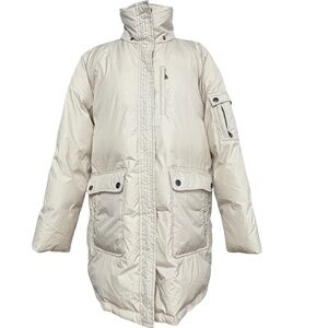 coat DKNY L/XL puffer white down poly filling big pockets no hood mid-length
